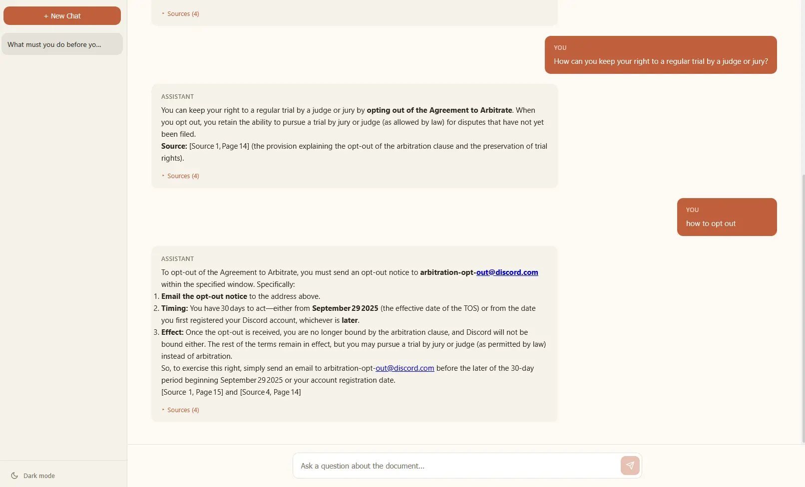 Document QA Bot interface showing a PDF upload screen and a chat conversation with cited source pages